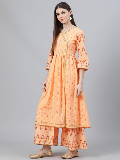 Orange Printed Cotton Suit Set - Libas