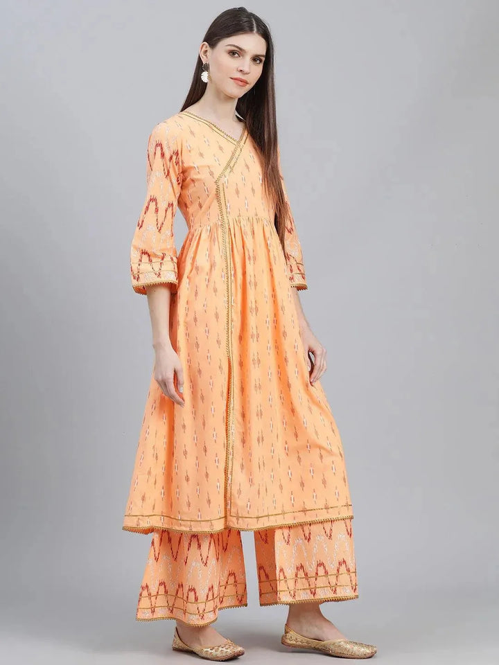 Orange Printed Cotton Suit Set - Libas
