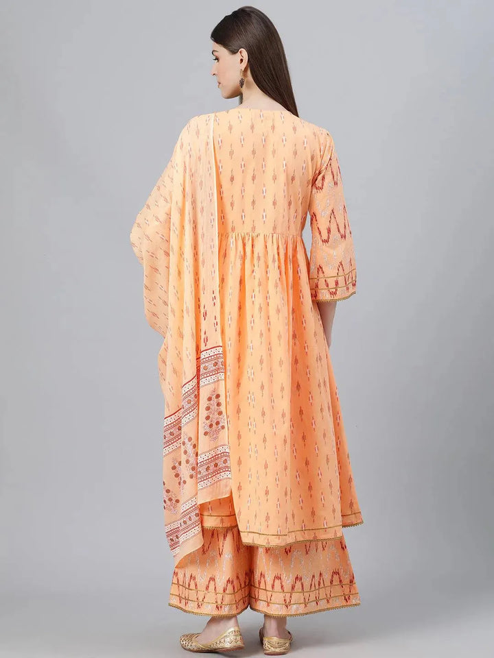 Orange Printed Cotton Suit Set - Libas