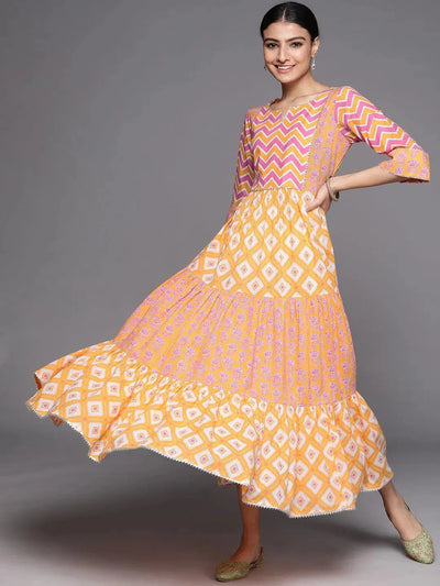 Orange Printed Cotton Dress - Libas