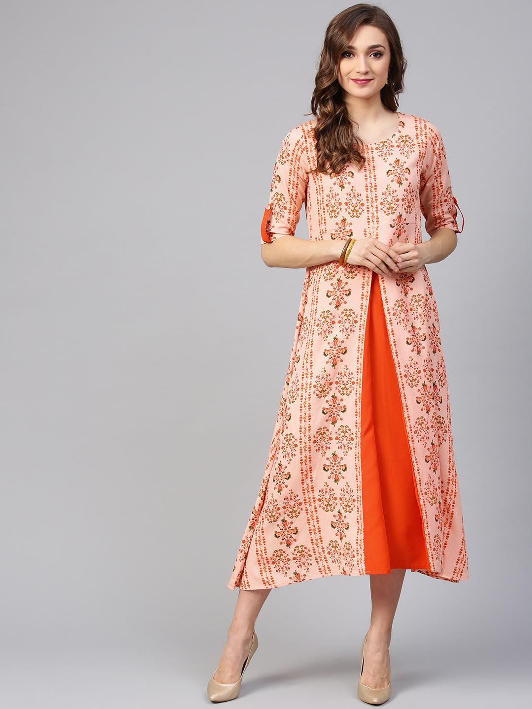 Orange Printed Cotton Dress - Libas
