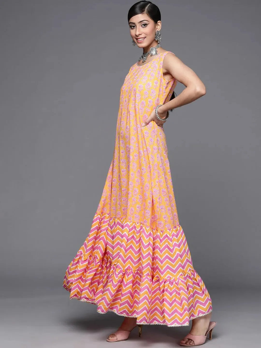 Orange Printed Cotton Dress - Libas