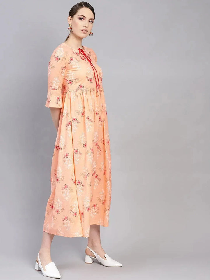 Orange Printed Cotton Dress - Libas