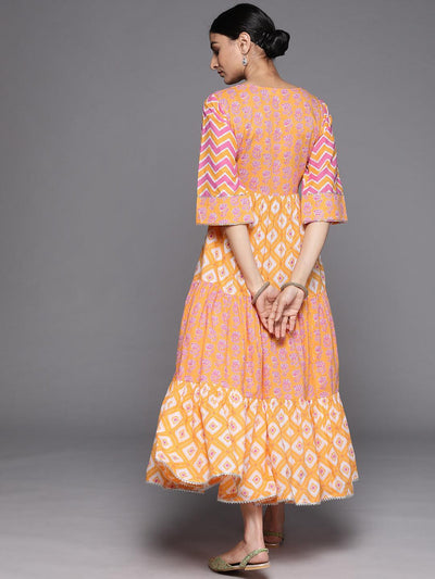 Orange Printed Cotton Dress - Libas