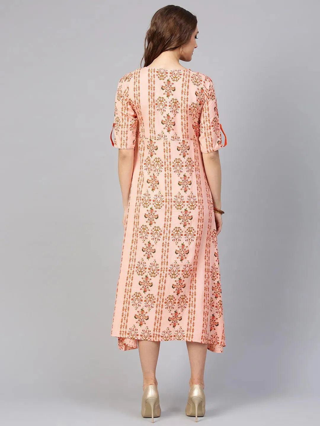 Orange Printed Cotton Dress - Libas