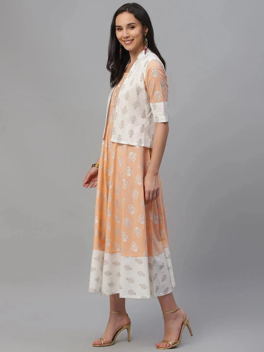 Orange Printed Cotton Dress With Jacket - Libas