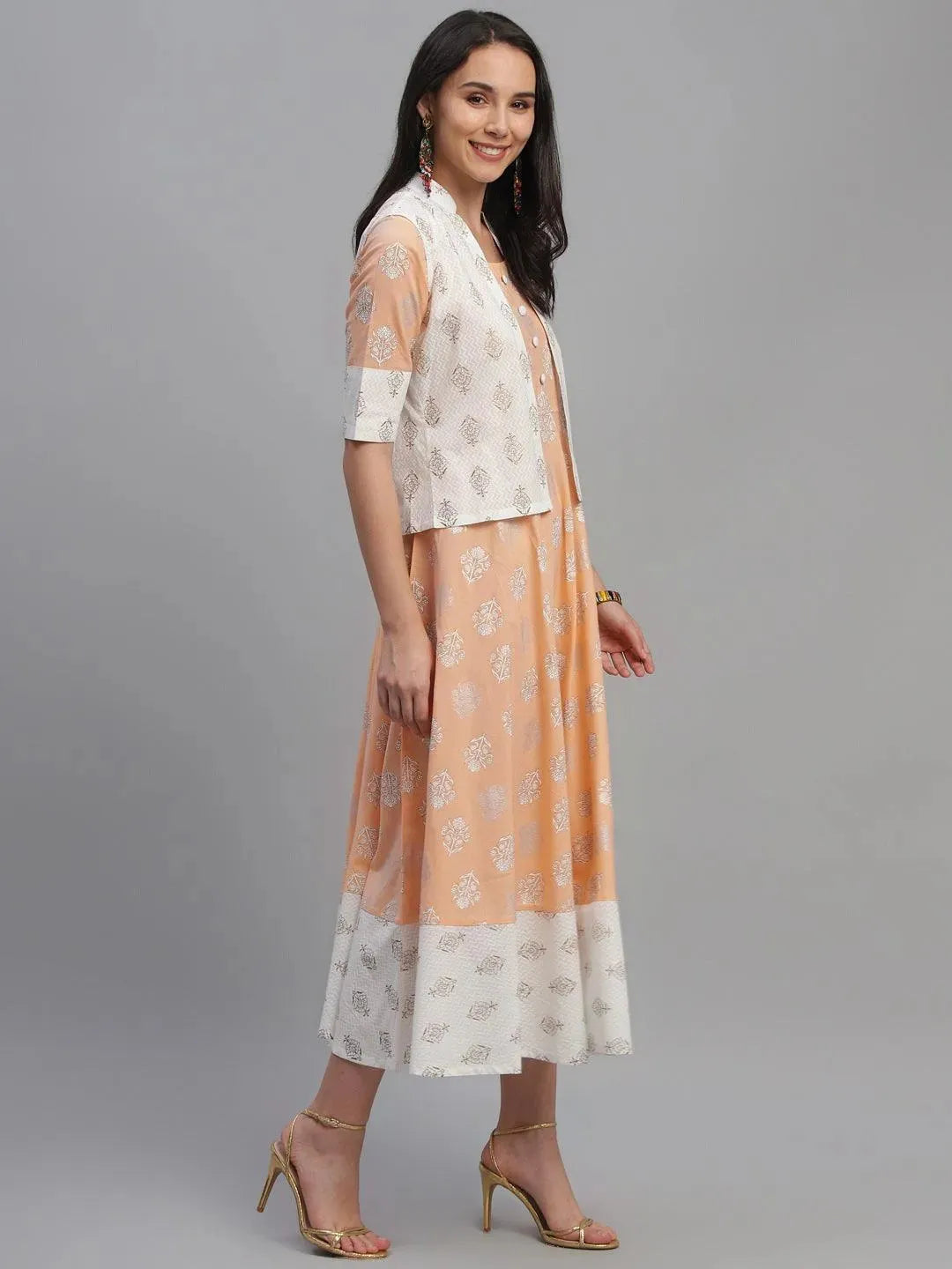 Orange Printed Cotton Dress With Jacket - Libas 