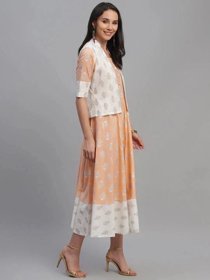 Orange Printed Cotton Dress With Jacket - Libas