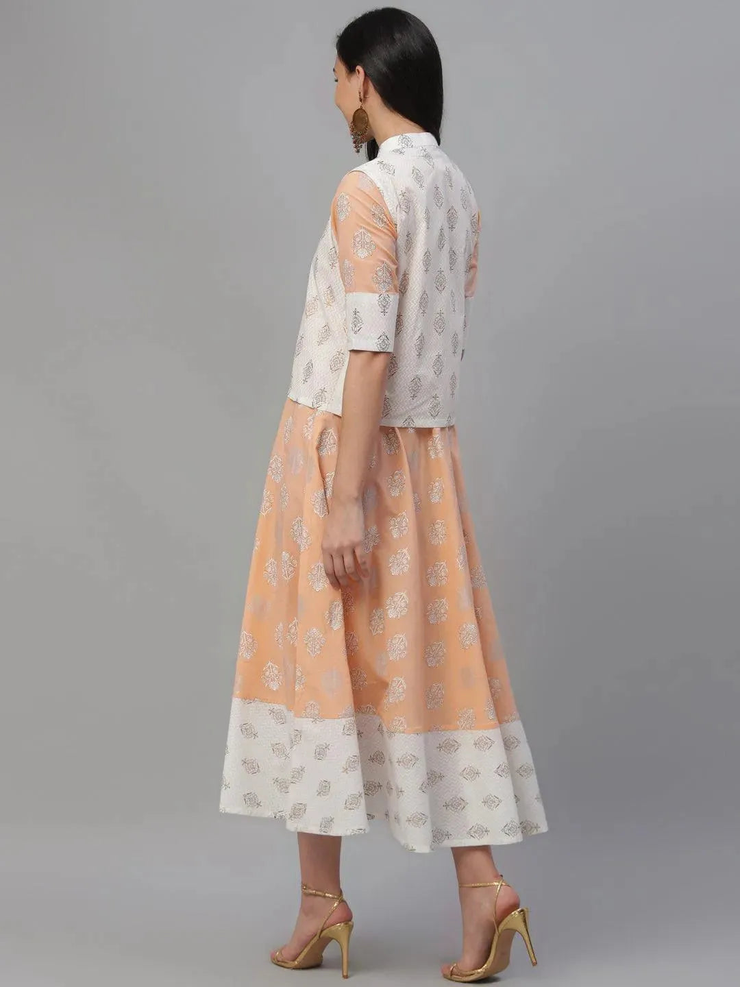 Orange Printed Cotton Dress With Jacket - Libas 