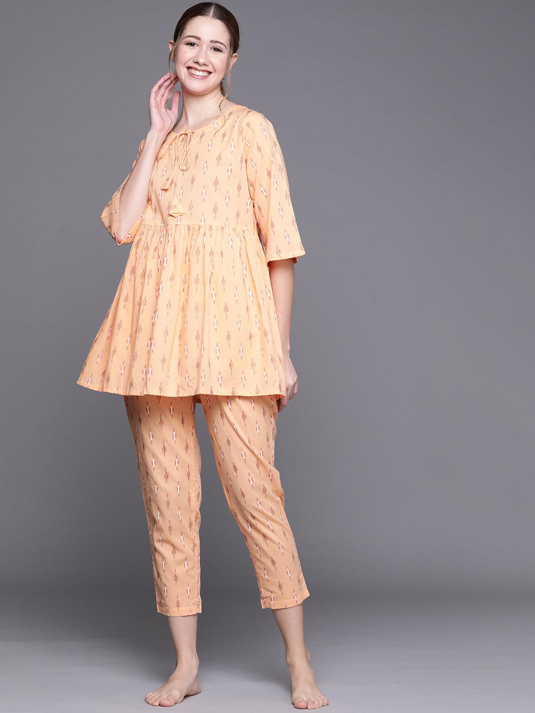 Orange Printed Cotton Night Suit - Libas