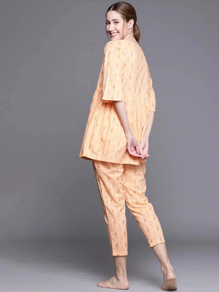 Orange Printed Cotton Night Suit - Libas