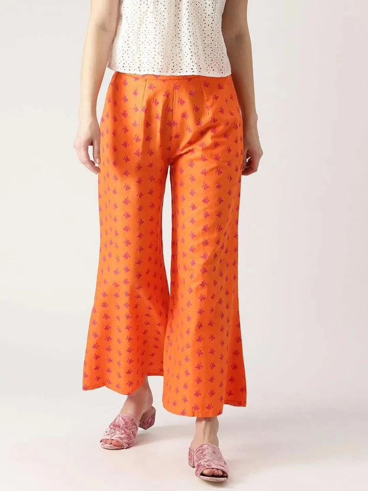 Orange Printed Cotton Palazzos - Libas