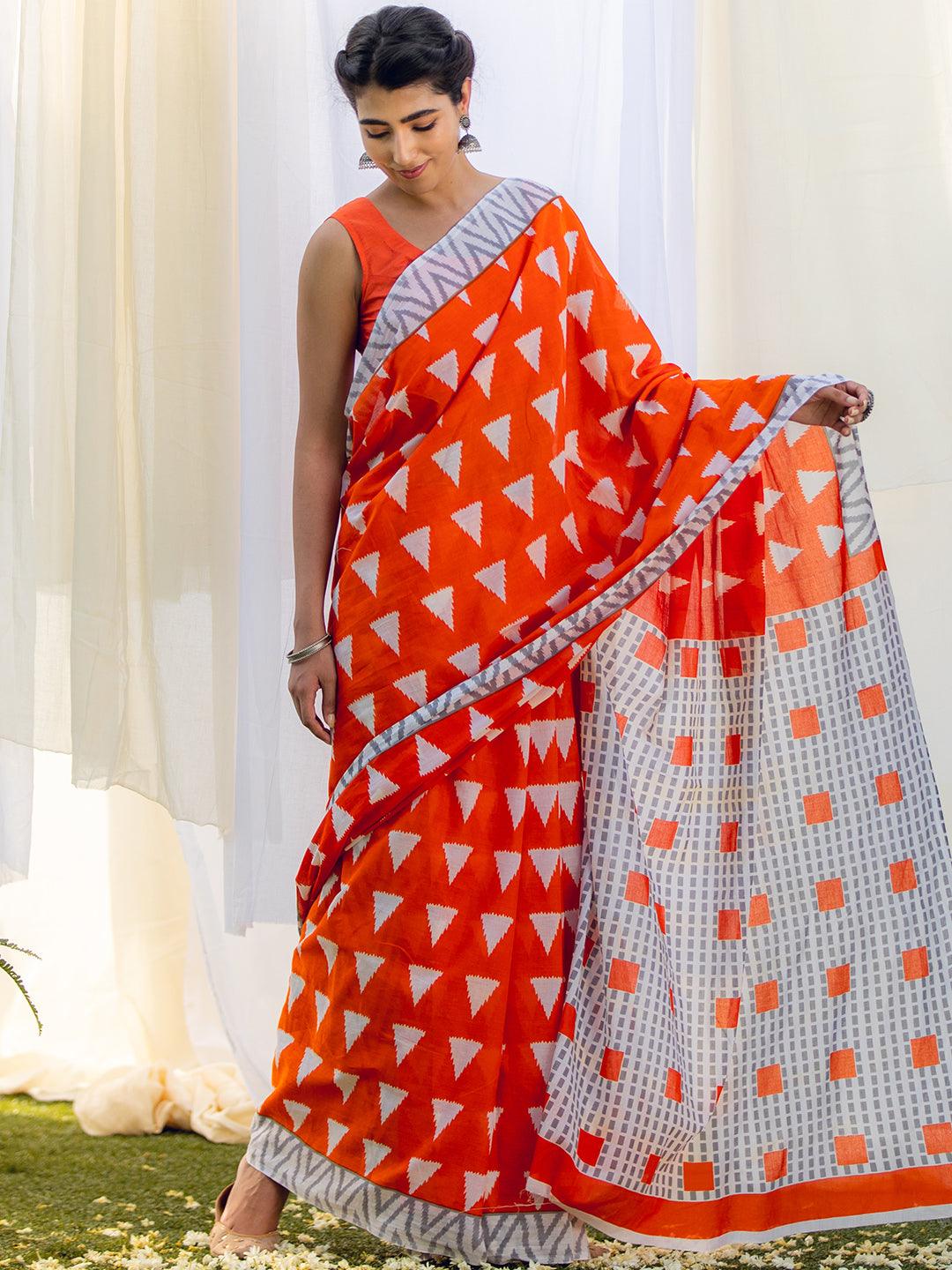 Orange Printed Cotton Saree - Libas