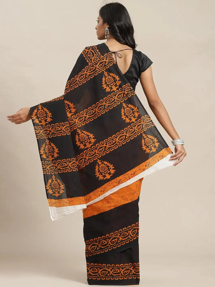 Orange Printed Cotton Saree - Libas