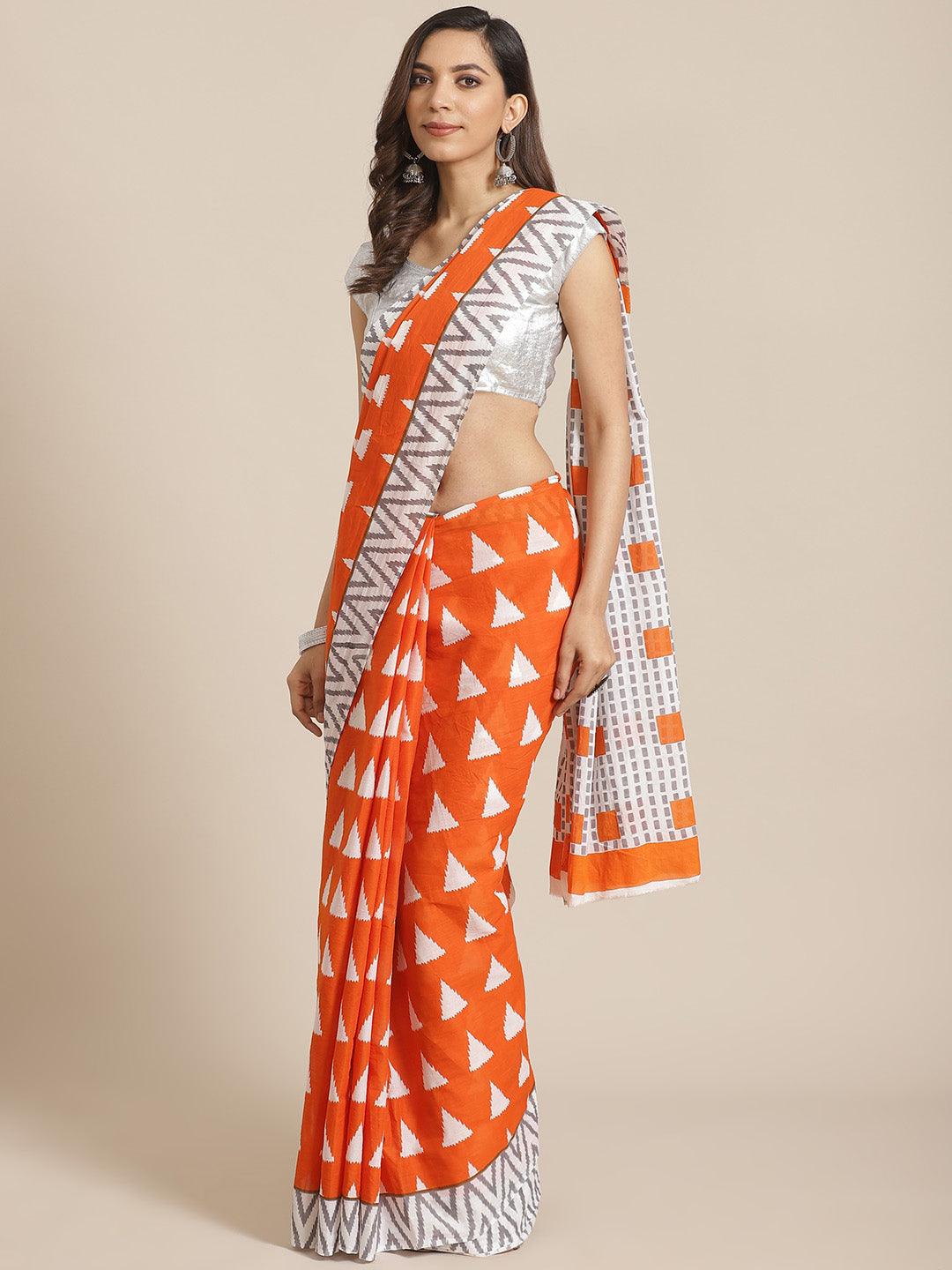 Orange Printed Cotton Saree - Libas