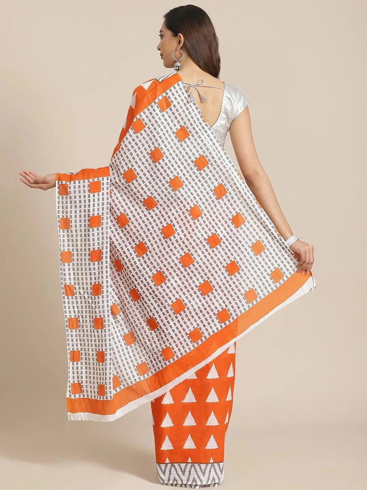 Orange Printed Cotton Saree - Libas