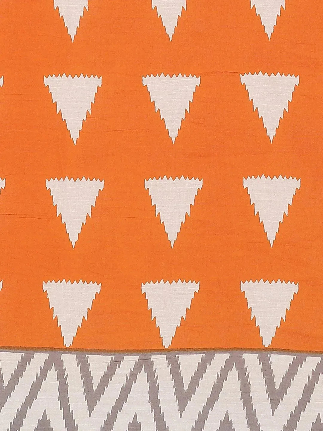 Orange Printed Cotton Saree - Libas 