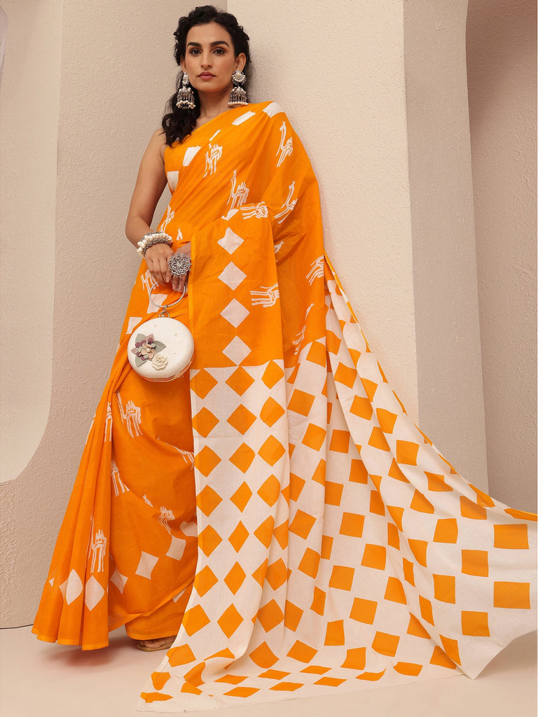 Libas Orange Printed Cotton Saree With Unstitched Blouse Piece
