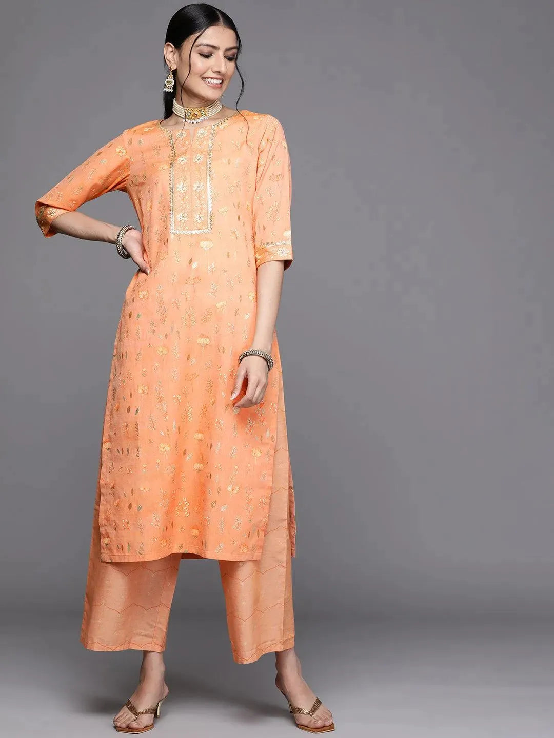 Orange Printed Cotton Silk Kurta - Libas