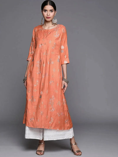 Orange Printed Cotton Silk Kurta - Libas