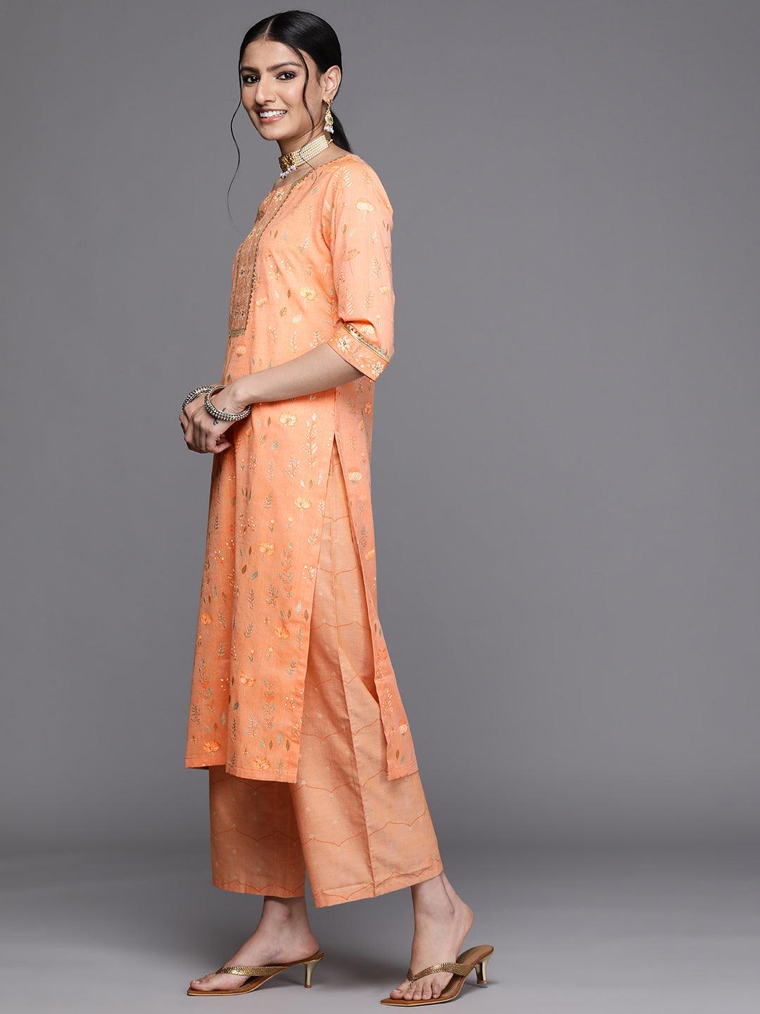 Orange Printed Cotton Silk Kurta