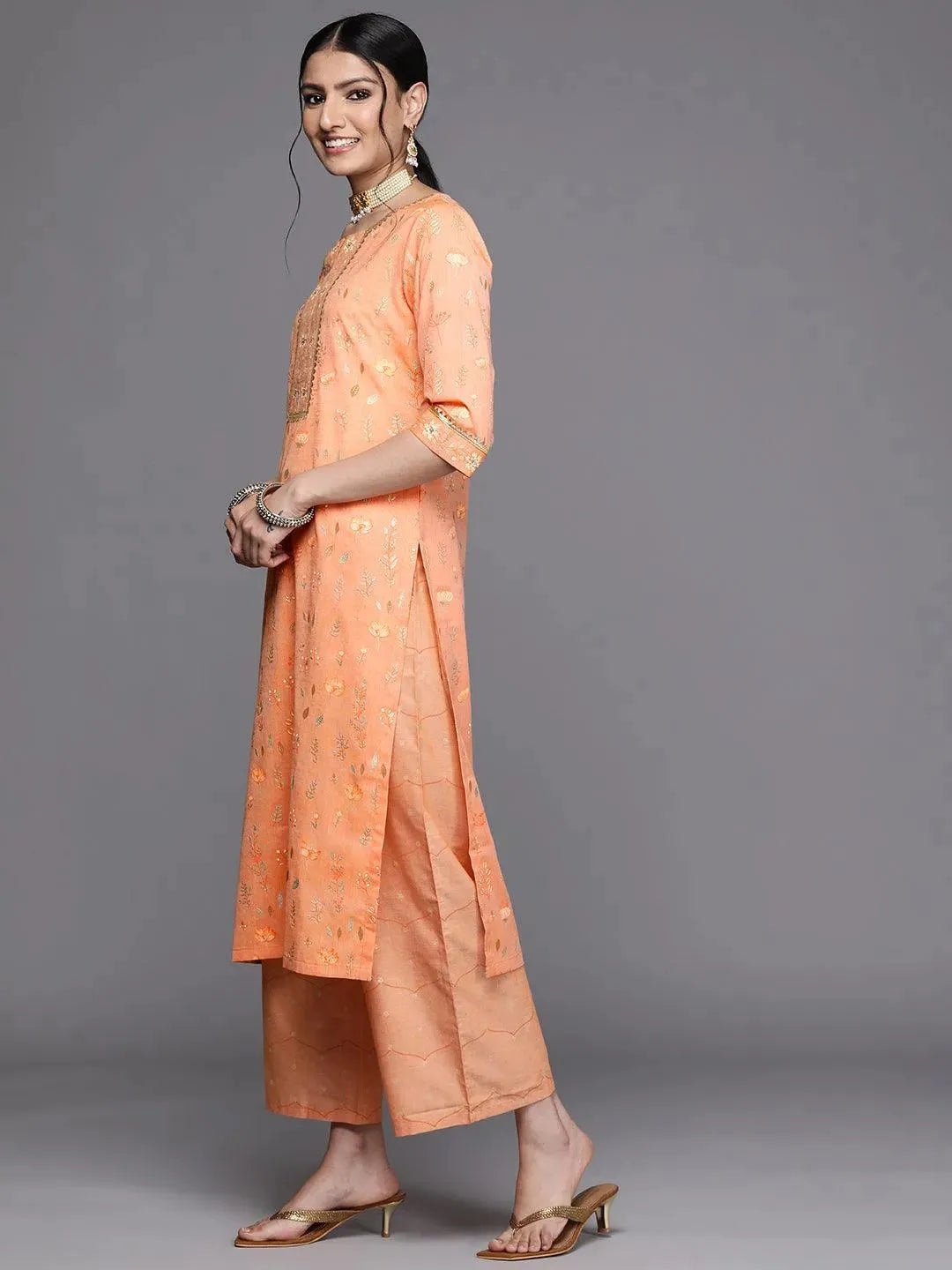 Orange Printed Cotton Silk Kurta - Libas