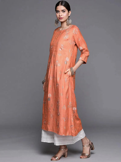 Orange Printed Cotton Silk Kurta - Libas