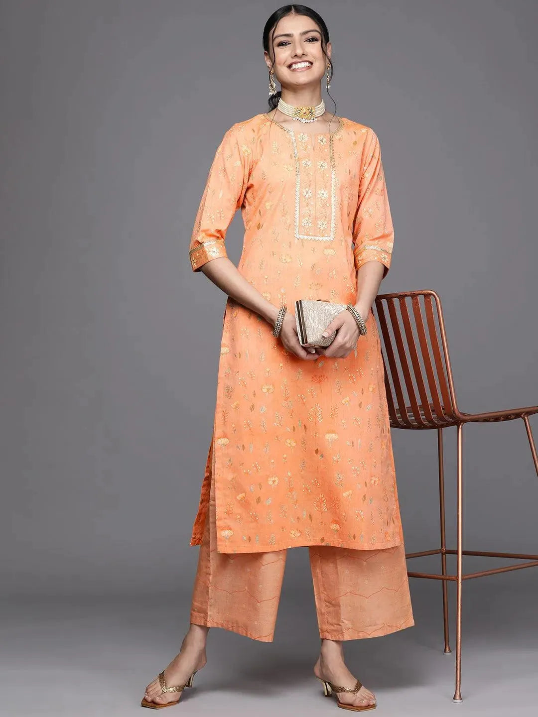 Orange Printed Cotton Silk Kurta - Libas