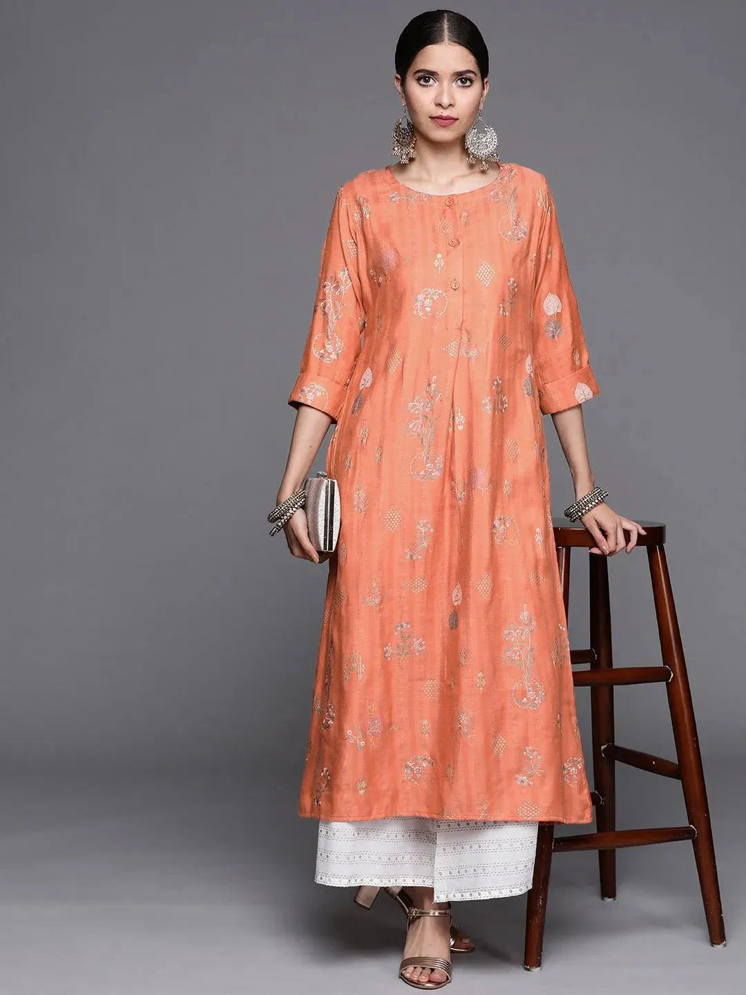 Orange Printed Cotton Silk Kurta - Libas