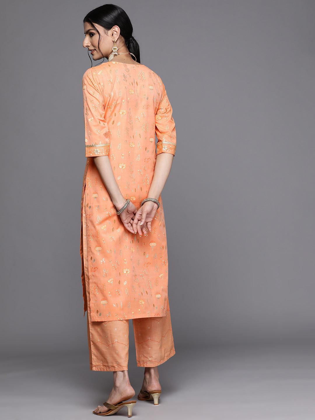 Orange Printed Cotton Silk Kurta - Libas