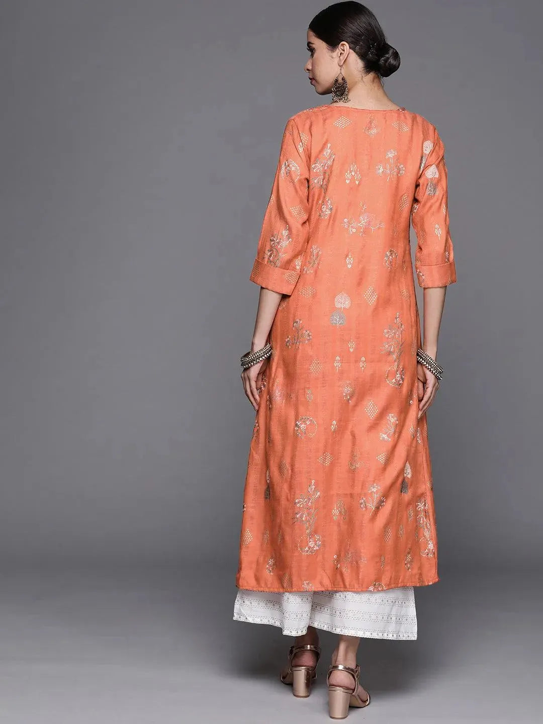 Orange Printed Cotton Silk Kurta - Libas