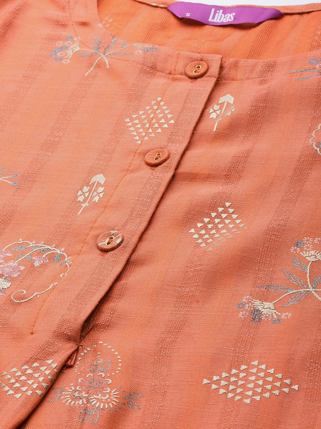Orange Printed Cotton Silk Kurta - Libas