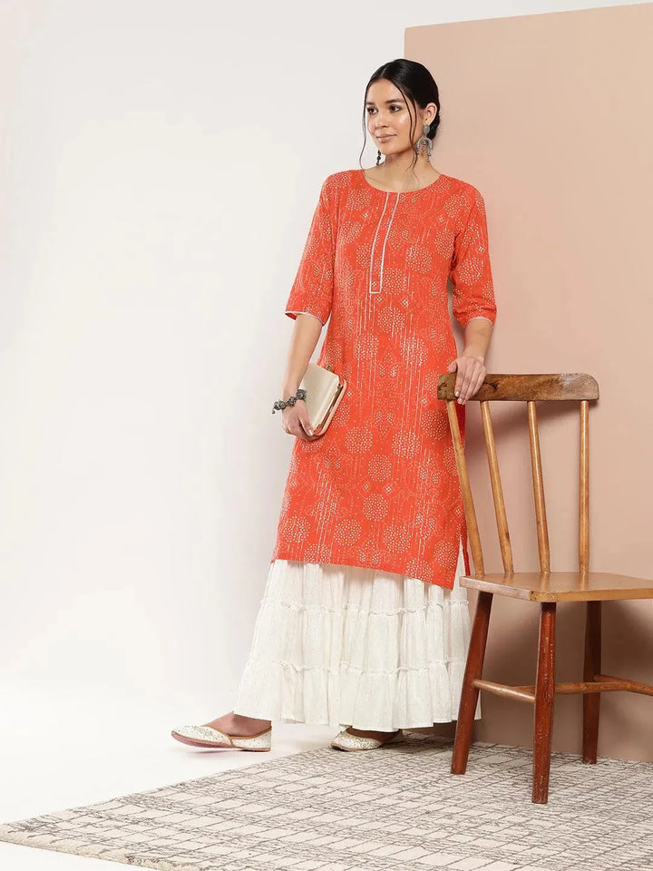 Orange Printed Cotton Straight Kurta - Libas