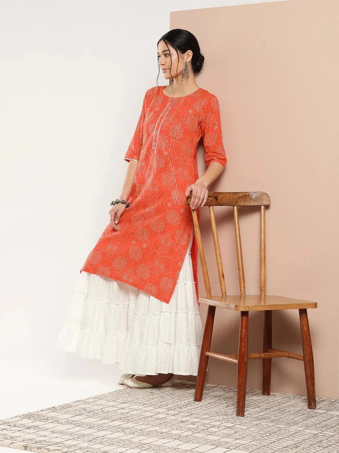 Orange Printed Cotton Straight Kurta - Libas 