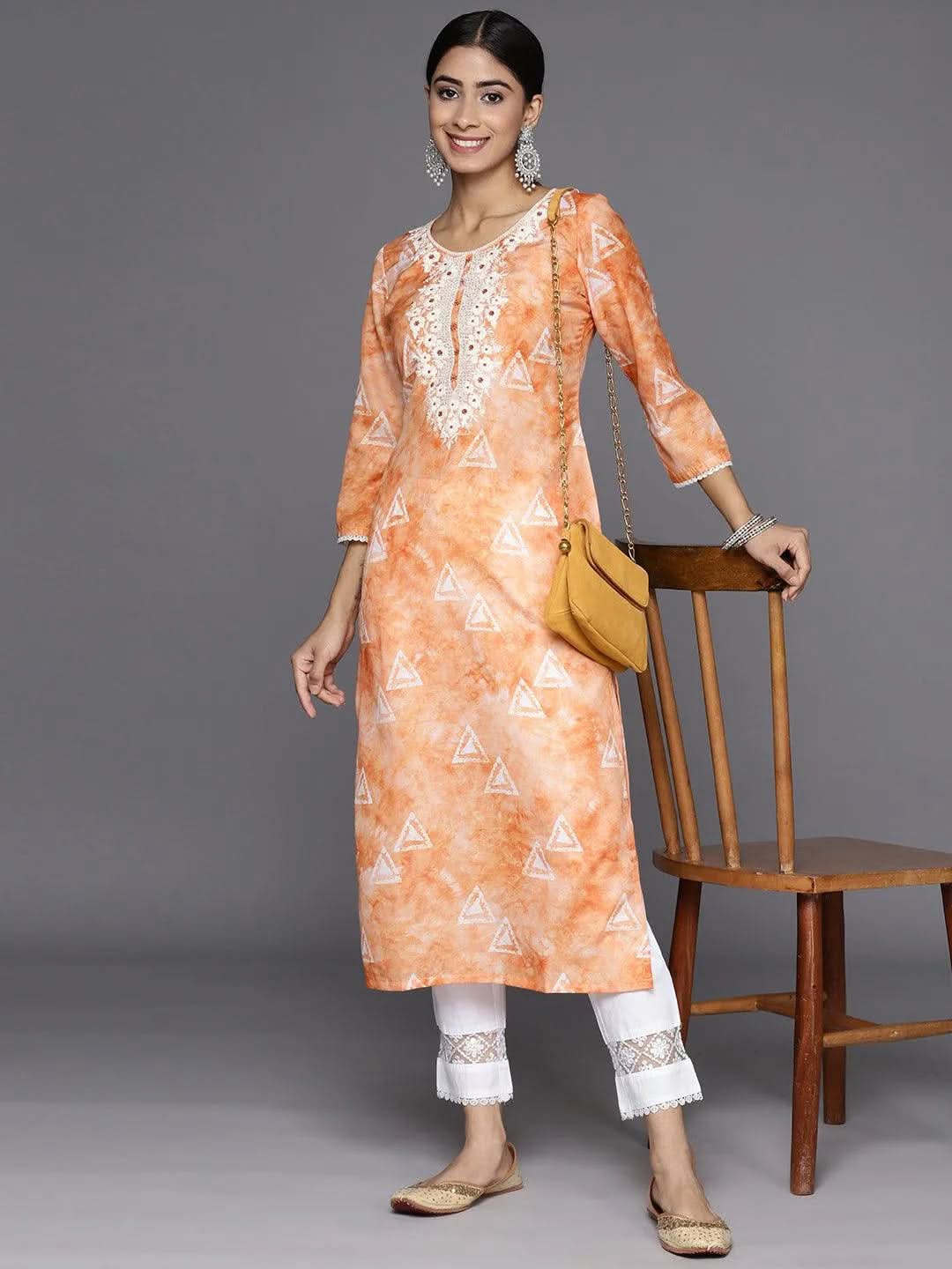 Orange Printed Cotton Straight Kurta - Libas 