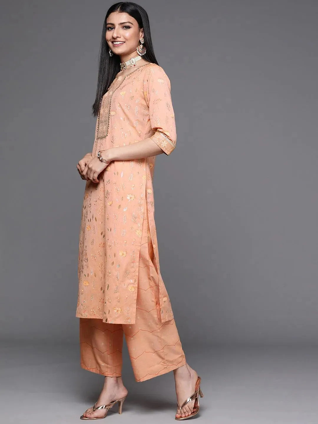 Orange Printed Cotton Suit Set - Libas 