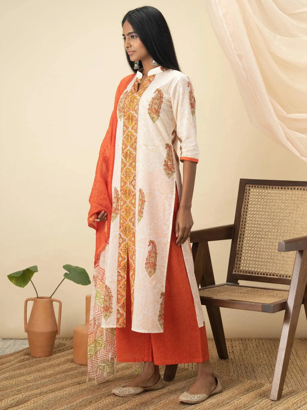 Orange Printed Cotton Suit Set - Libas 