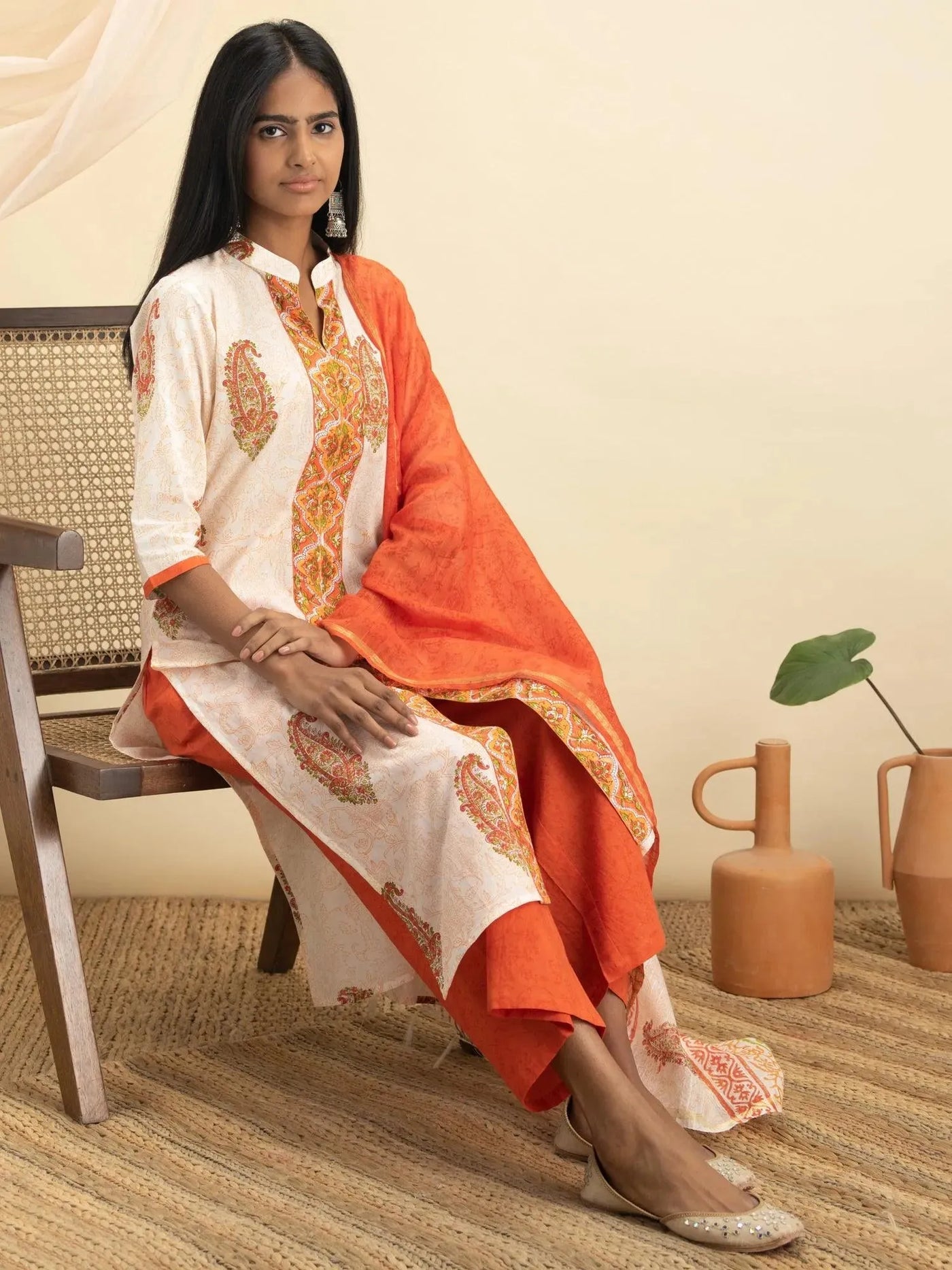 Orange Printed Cotton Suit Set - Libas