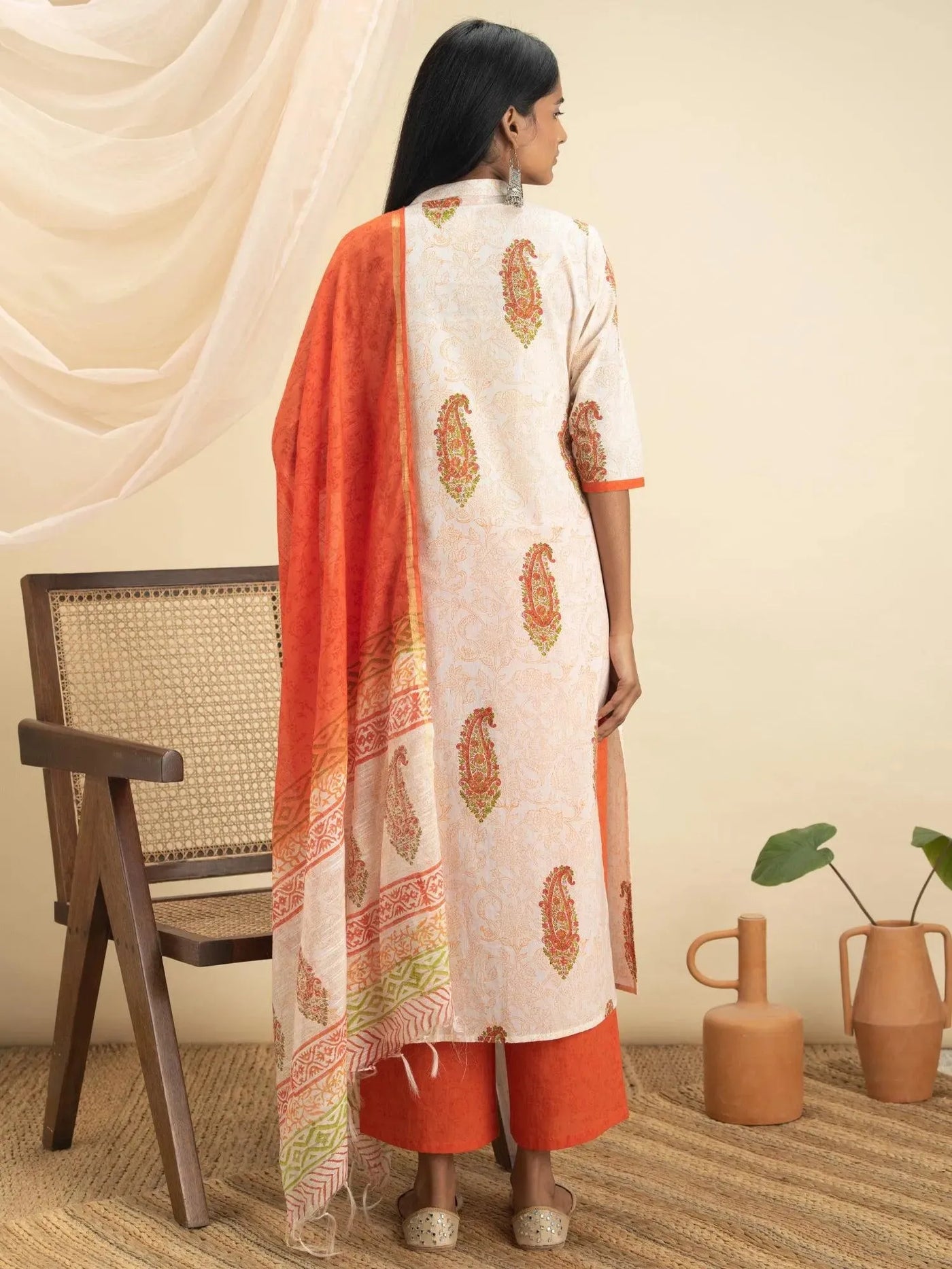 Orange Printed Cotton Suit Set - Libas