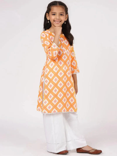 Orange Printed Cotton Kurta Set - Libas