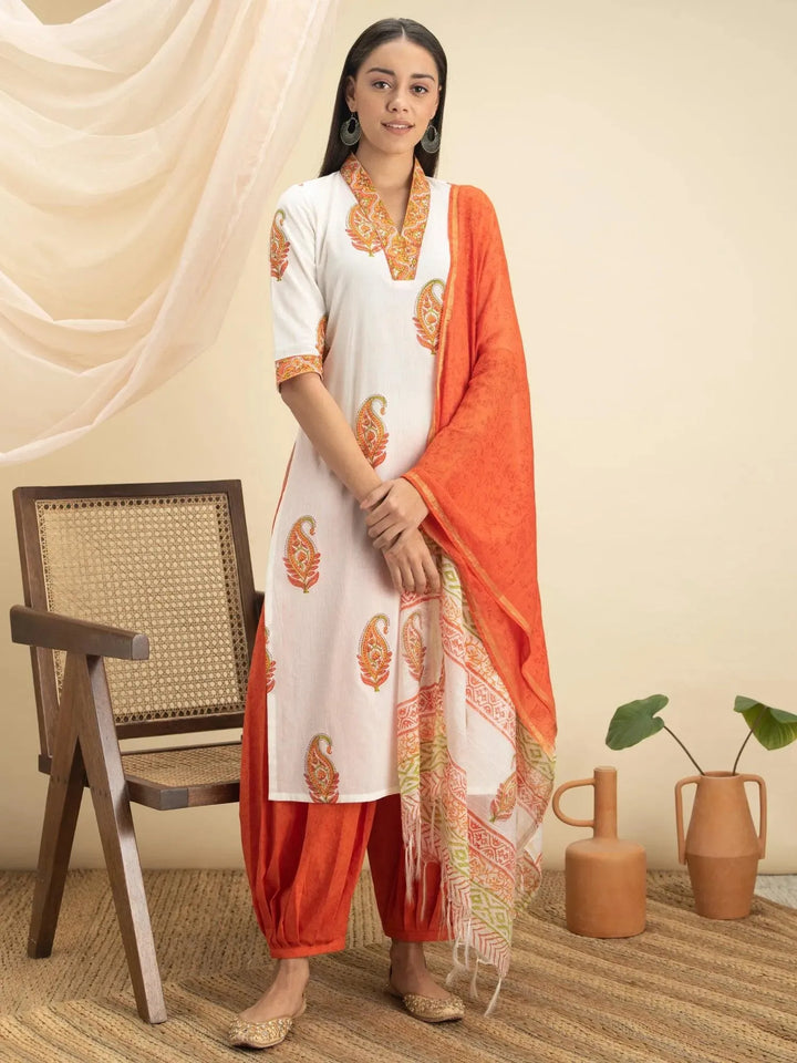 Orange Printed Cotton Suit Set - Libas