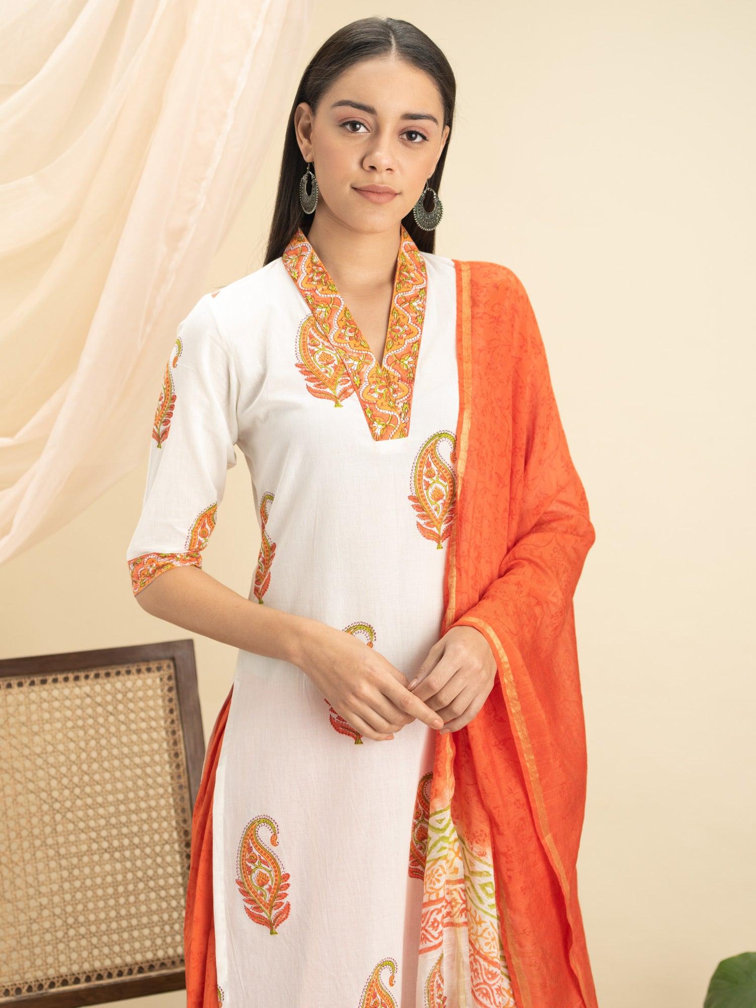 Orange Printed Cotton Straight Kurta With Salwar & Dupatta
