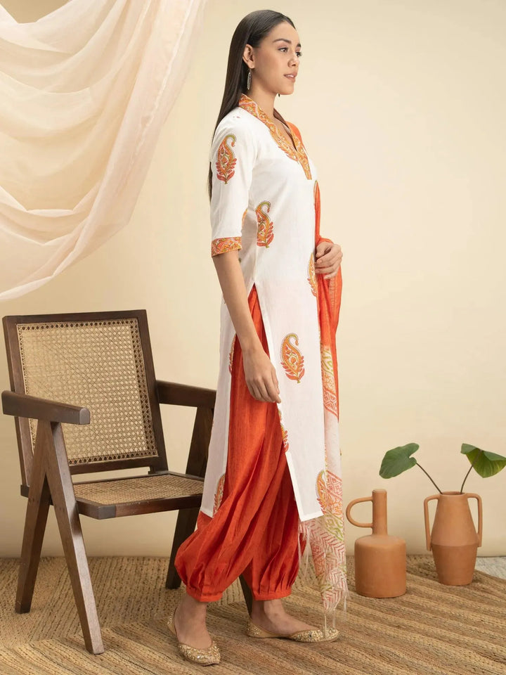 Orange Printed Cotton Suit Set - Libas