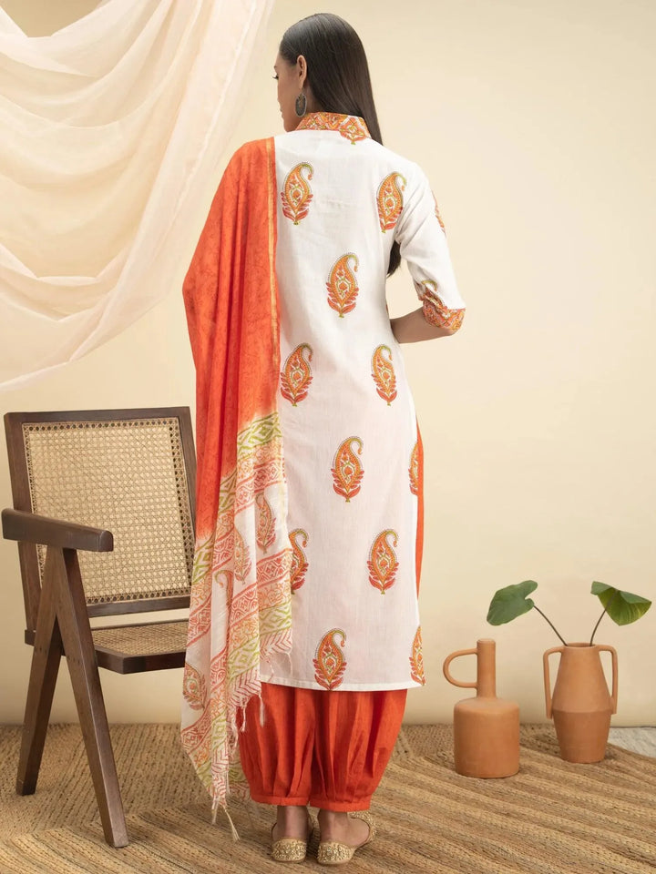 Orange Printed Cotton Suit Set - Libas