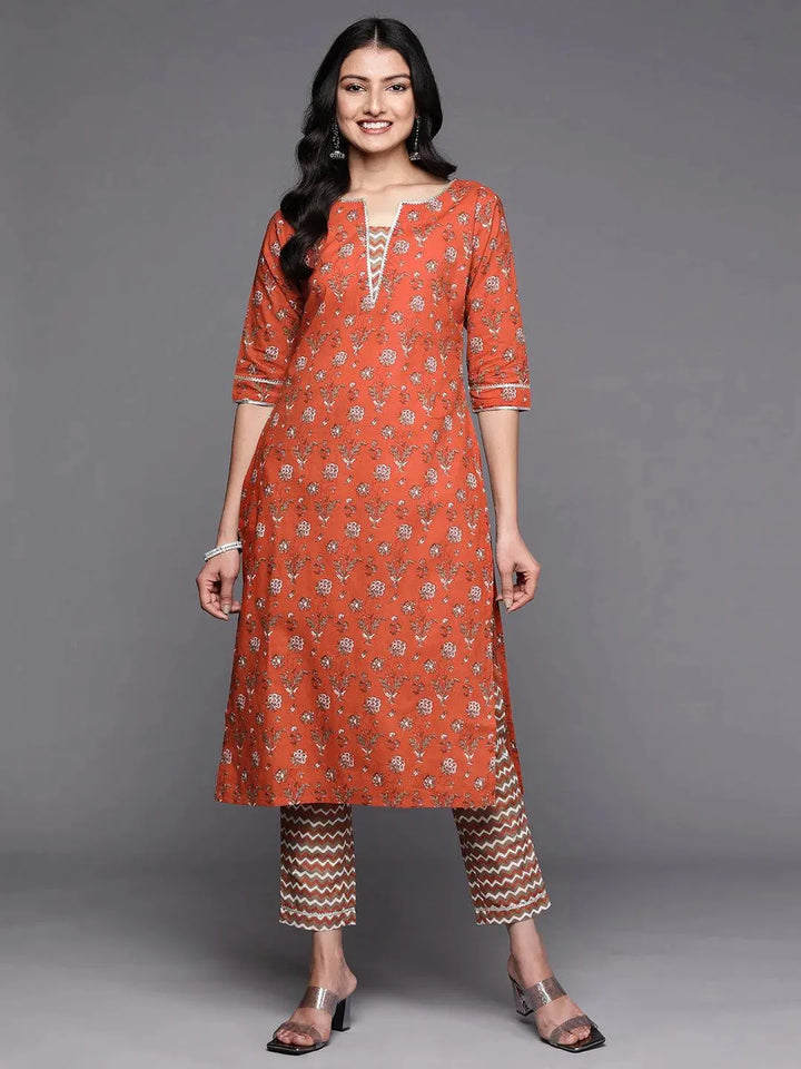 Orange Printed Cotton Straight Kurta Set With Trousers - Libas