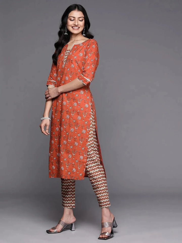 Orange Printed Cotton Straight Kurta Set With Trousers - Libas
