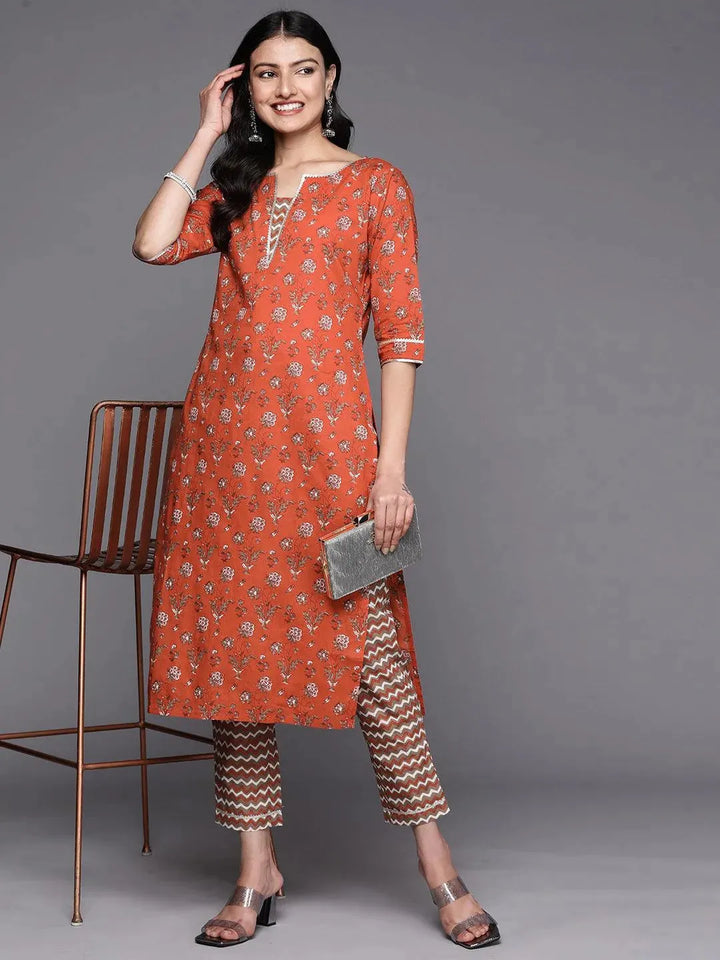 Orange Printed Cotton Straight Kurta Set With Trousers - Libas