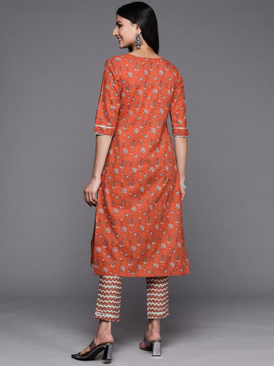 Orange Printed Cotton Straight Kurta Set With Trousers - Libas