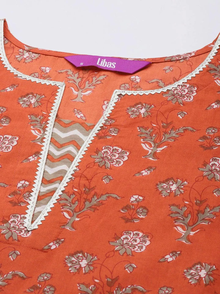 Orange Printed Cotton Straight Kurta Set With Trousers - Libas