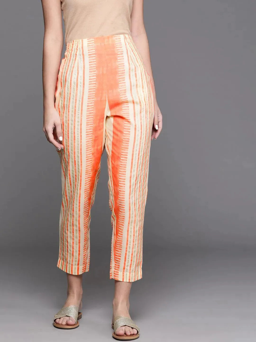 Orange Printed Cotton Trousers - Libas